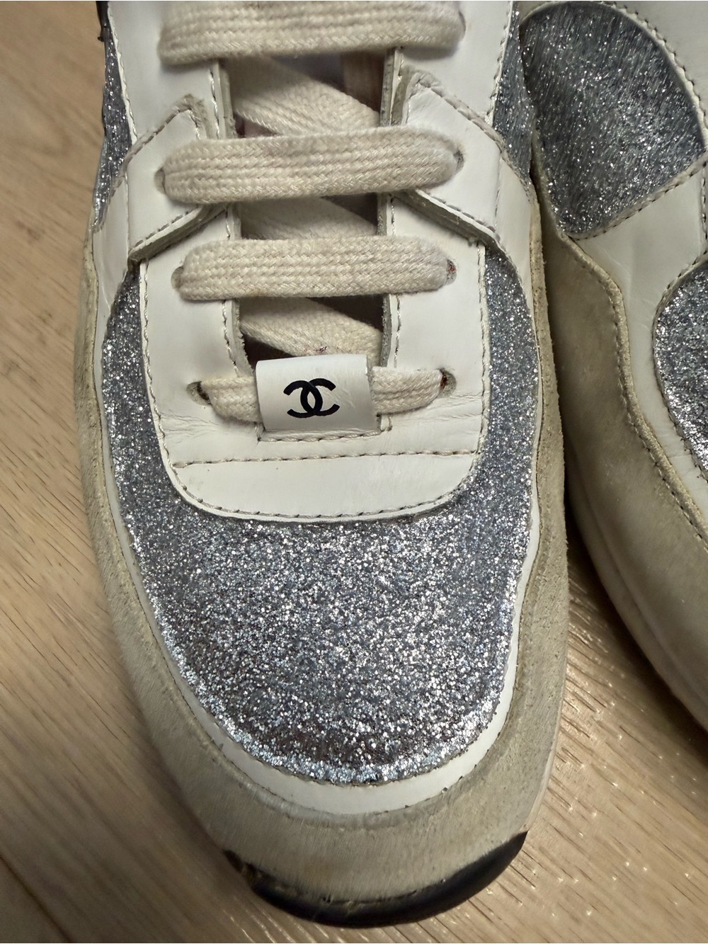 CHANEL White, Silver Glitter and Orange Low-Top Running Sneakers Size 8 (38) - Picture 15 of 16